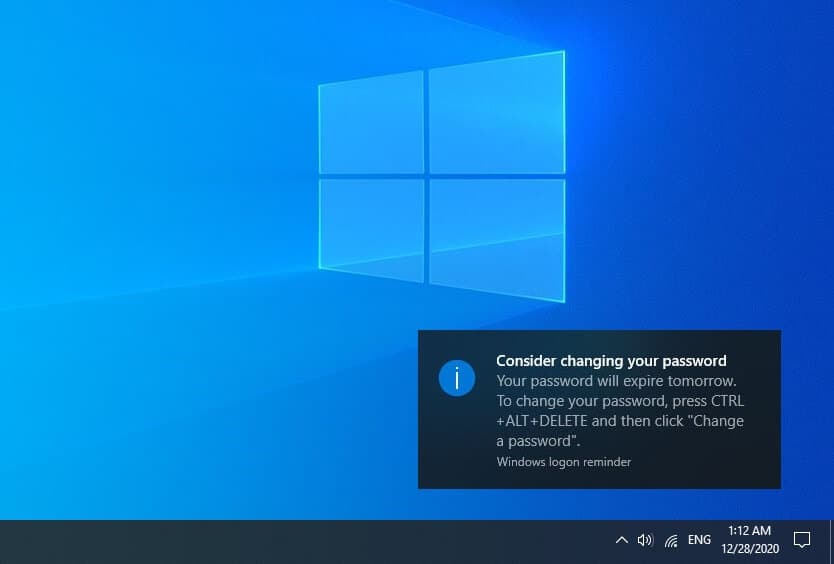 Windows 10 密码到期通知