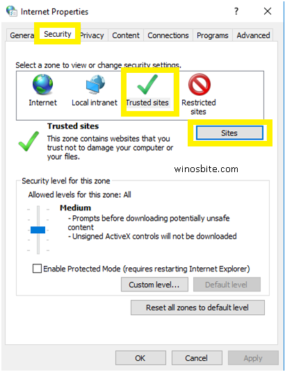 受信任站点的 Windows10 安全选项卡