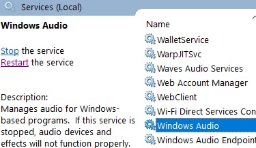 右键单击 Windows 音频服务并选择属性