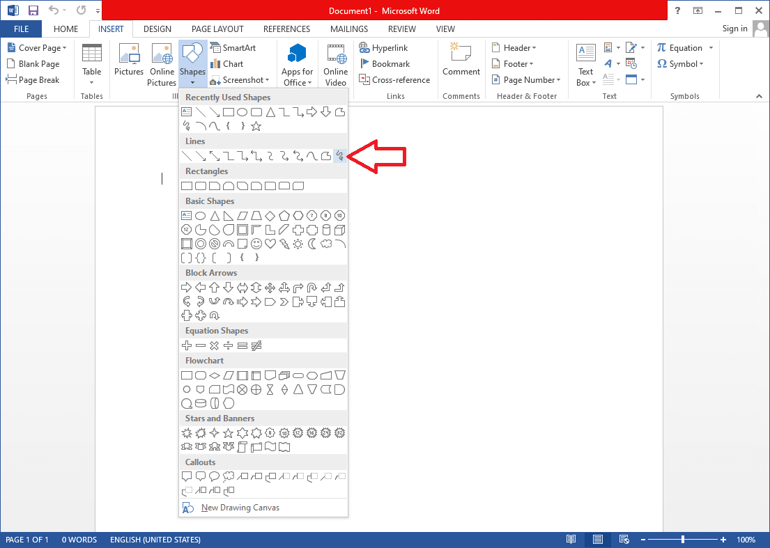 如前所述，Scribble，Lines 小节中的最后一个形状，|  在 Microsoft Word 中绘图