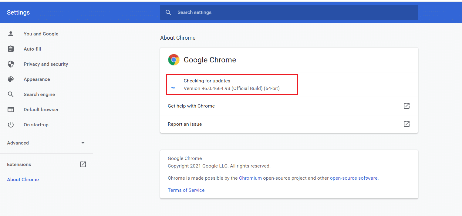 Chrome 检查更新。 修复 Chrome 配置文件错误