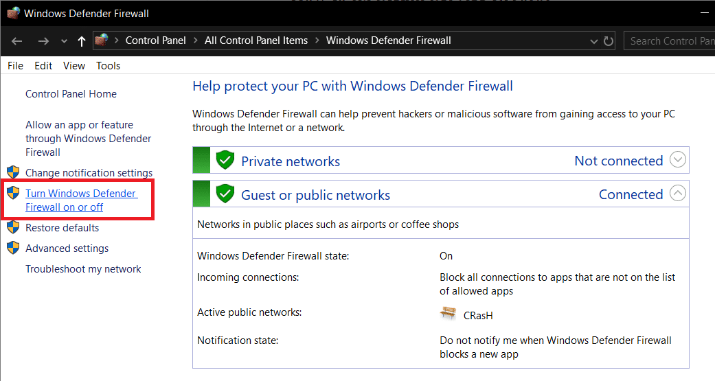 单击防火墙窗口左侧的打开或关闭 Windows Defender 防火墙