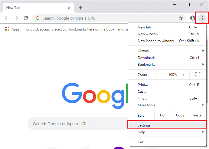 单击三个点图标，然后单击 Chrome 中的设置。 修复 Google Chrome 中的 Err Empty Response