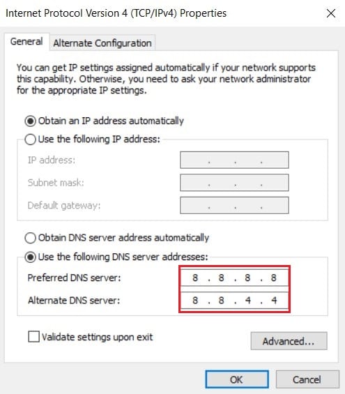 启用使用以下 DNS 选项并在第一个文本框中输入 8888，在第二个文本框中输入 8844