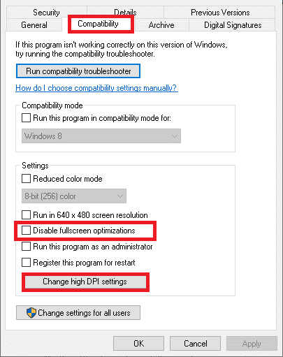 禁用全屏优化并更改高 DPI 设置