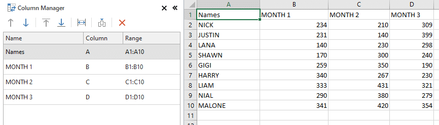 在列管理器中，你将看到所有列的列表。 |  在 Excel 中交换列或行