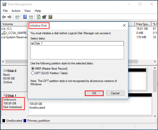 初始化磁盘 |  修复硬盘驱动器未显示在 Windows 10 中