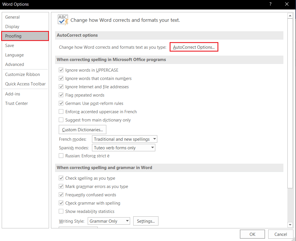 Microsoft Word 选项 Profiling 选项卡单击自动更正选项