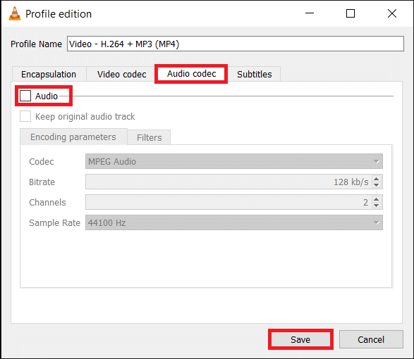 现在移动到音频编解码器选项卡并取消选中音频旁边的框。 点击保存。