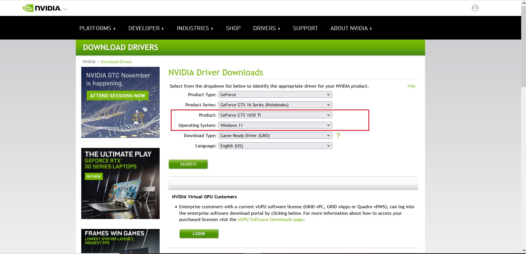 NVIDIA GeForce GTX 1650 Ti Windows 11 下载页面