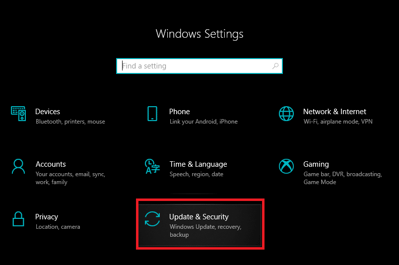 按 Windows 键 + I 打开设置，然后单击更新和安全 |  新硬盘不显示