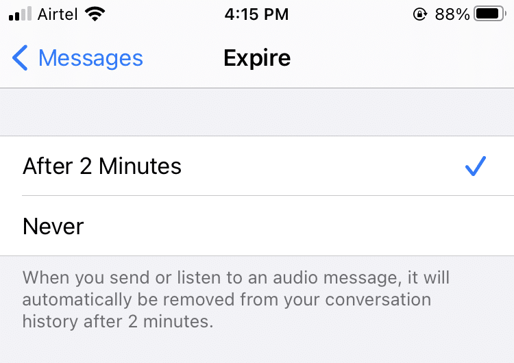 将音频消息的到期时间设置为 2 分钟而不是从不