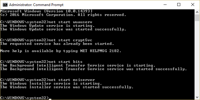 启动 Windows 更新服务 wuauserv cryptSvc bits msiserver |  修复 Windows 更新错误 80072EE2