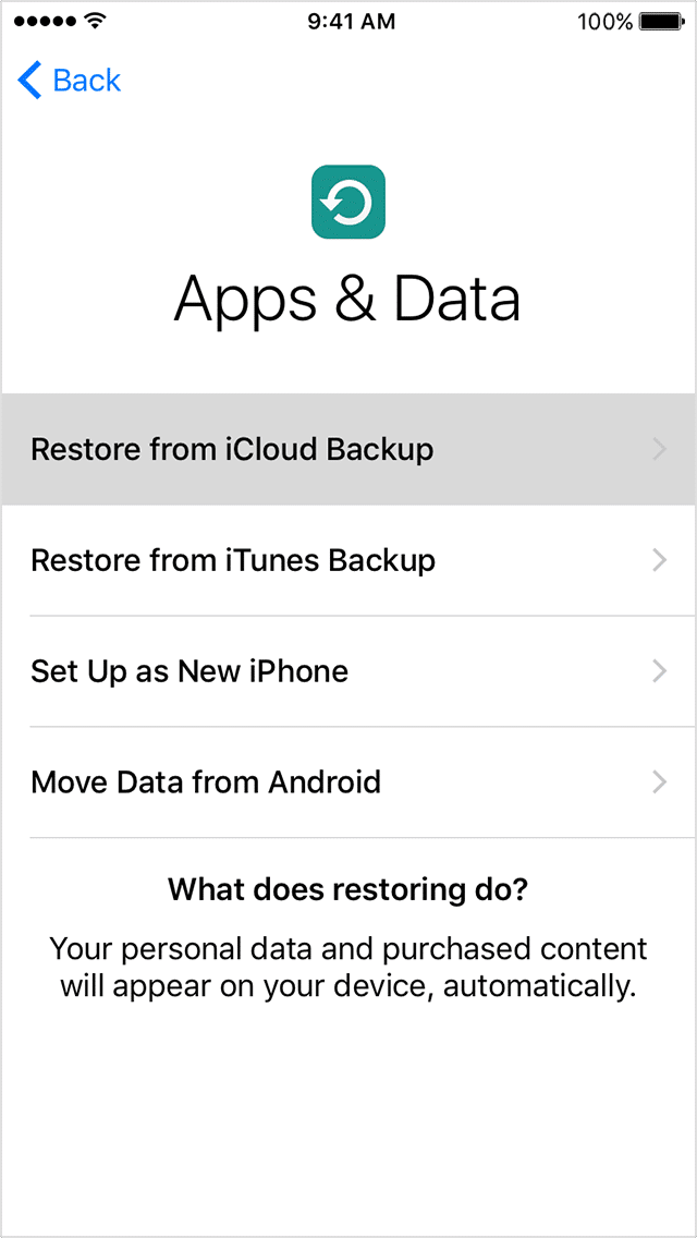 在 iPhone 上点击“从 iCloud 备份恢复”选项