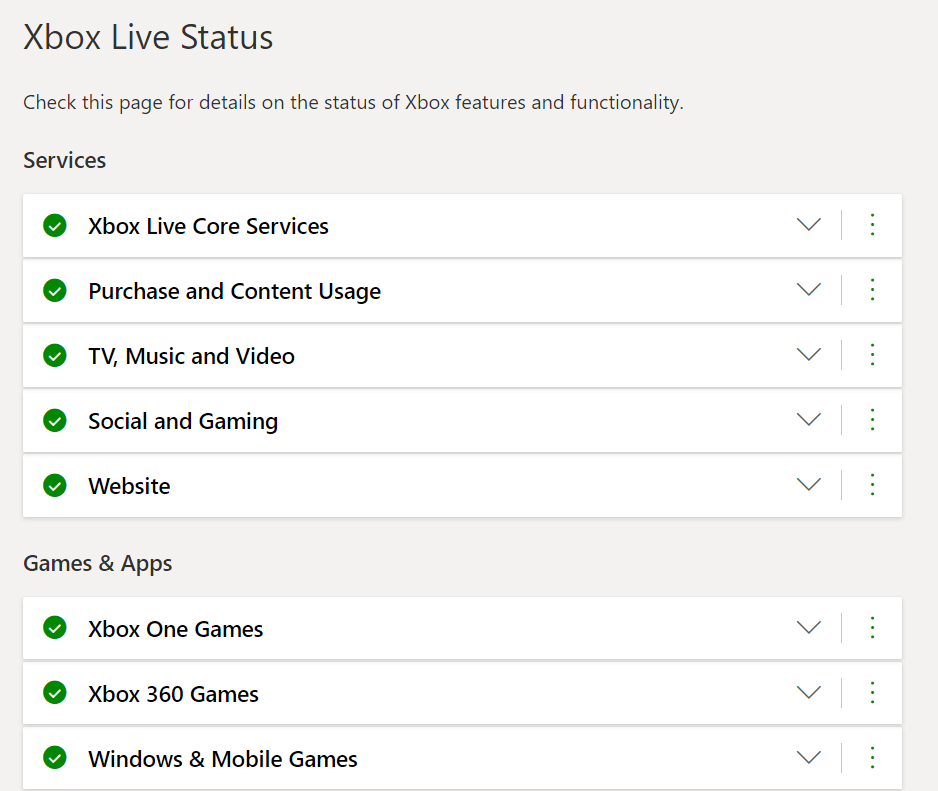 Xbox Live 状态页面