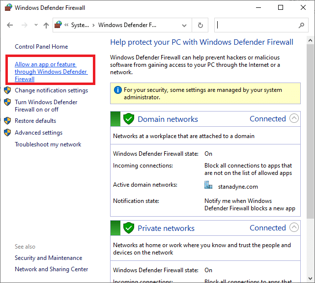 通过 Windows Defender 防火墙选项允许应用或功能。 修复 Windows 10 中没有附加摄像头