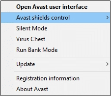 Avast 屏蔽控制选项。