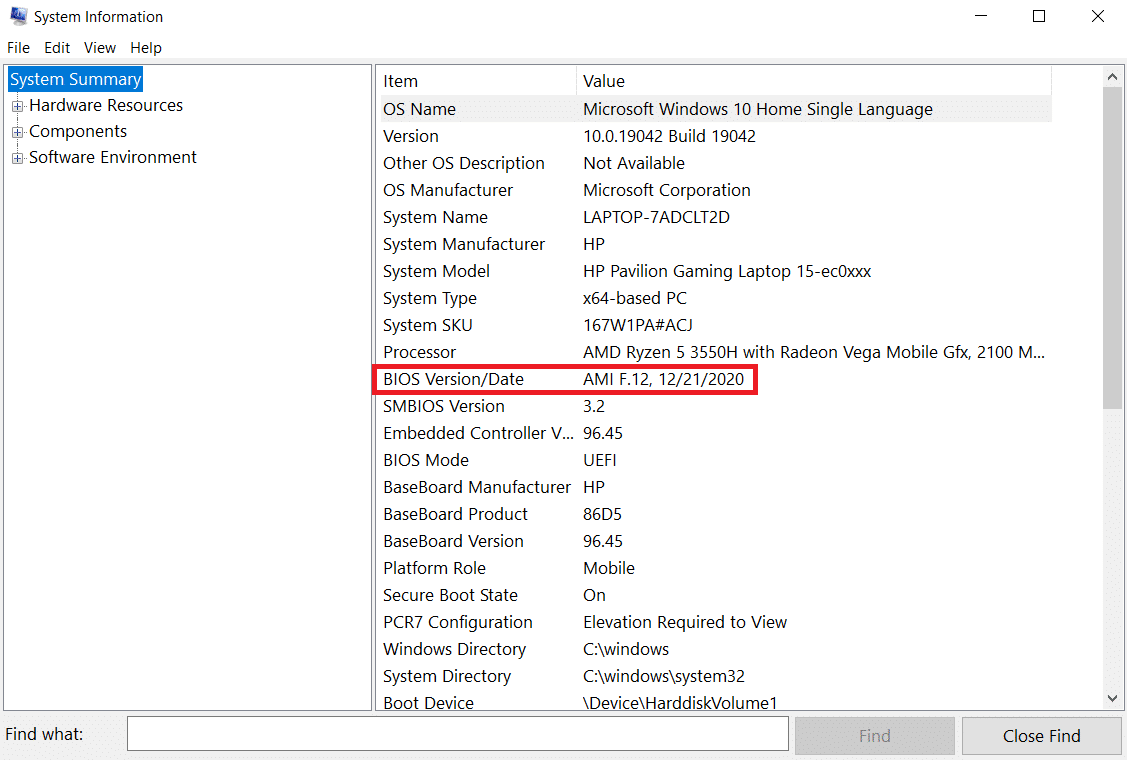 系统信息中的 BIOS 版本或日期。 自动修复 Windows 10 屏幕变暗