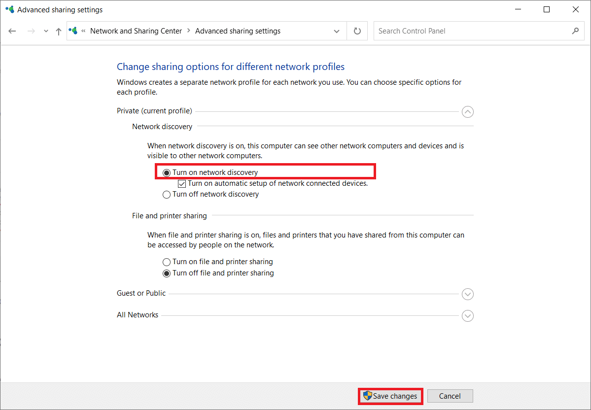 检查选项打开网络发现，然后单击保存更改。 修复未找到 WiFi 网络 Windows 10