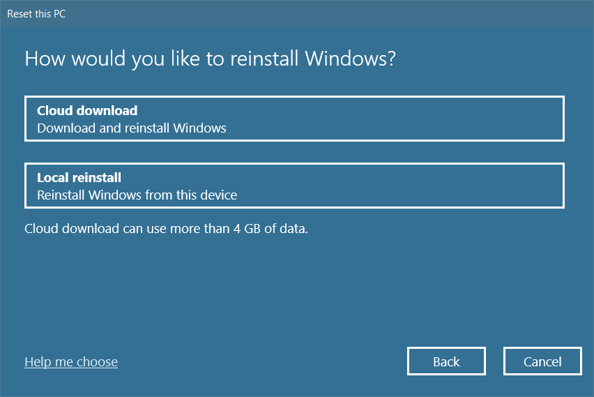 从两个选项中选择你将如何重新安装 Windows。 修复 0x80004002 Windows 10 不支持此类接口