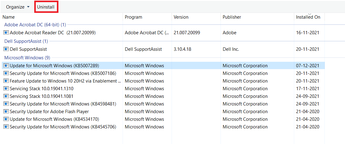 选择 Microsoft Windows 的最新更新，然后单击卸载