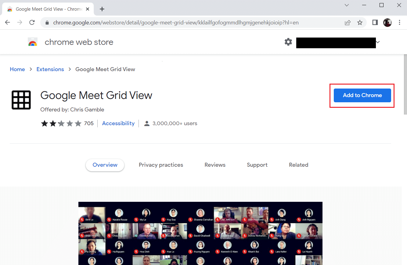 单击添加到 Chrome 并安装 Google Meet Grid View Extension。 修复 Chrome 插件在 Windows 10 中不起作用