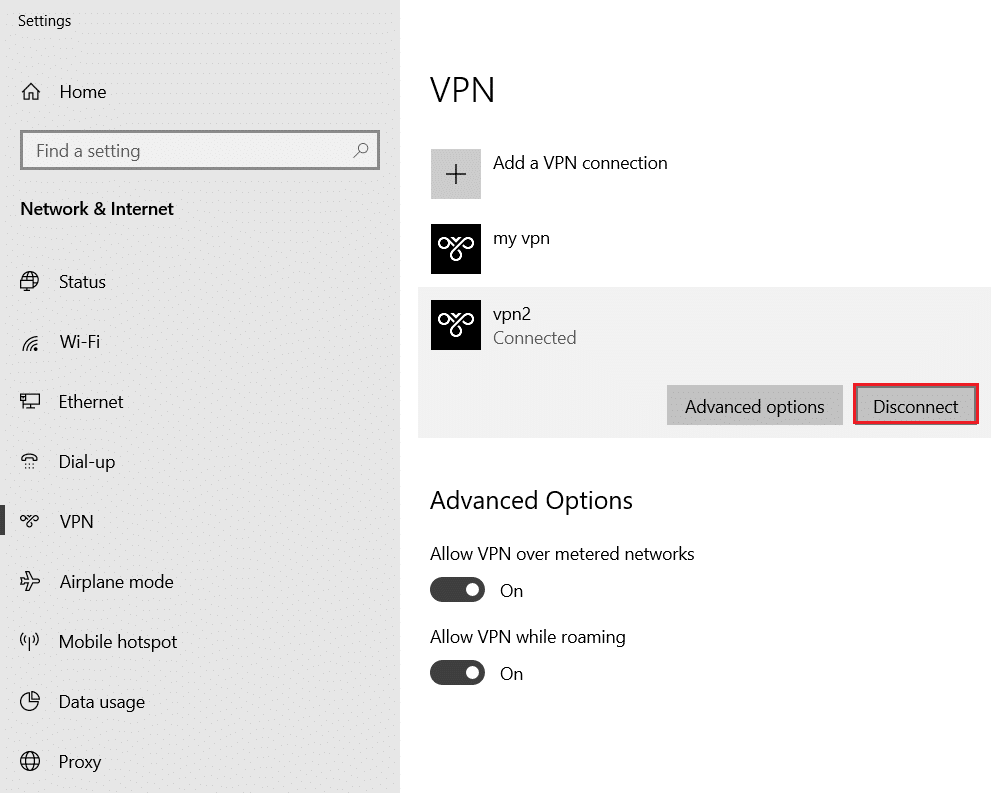 单击断开连接按钮以断开 vpn。 修复 Windows 10 上的 ERR_EMPTY_RESPONSE