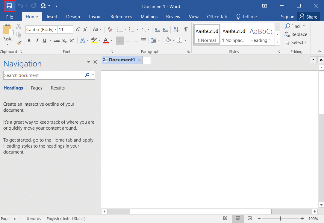 单击 Microsoft Word 中的保存图标