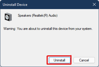 单击卸载设备确认提示中的卸载以删除 realtek 音频驱动程序 Windows 11