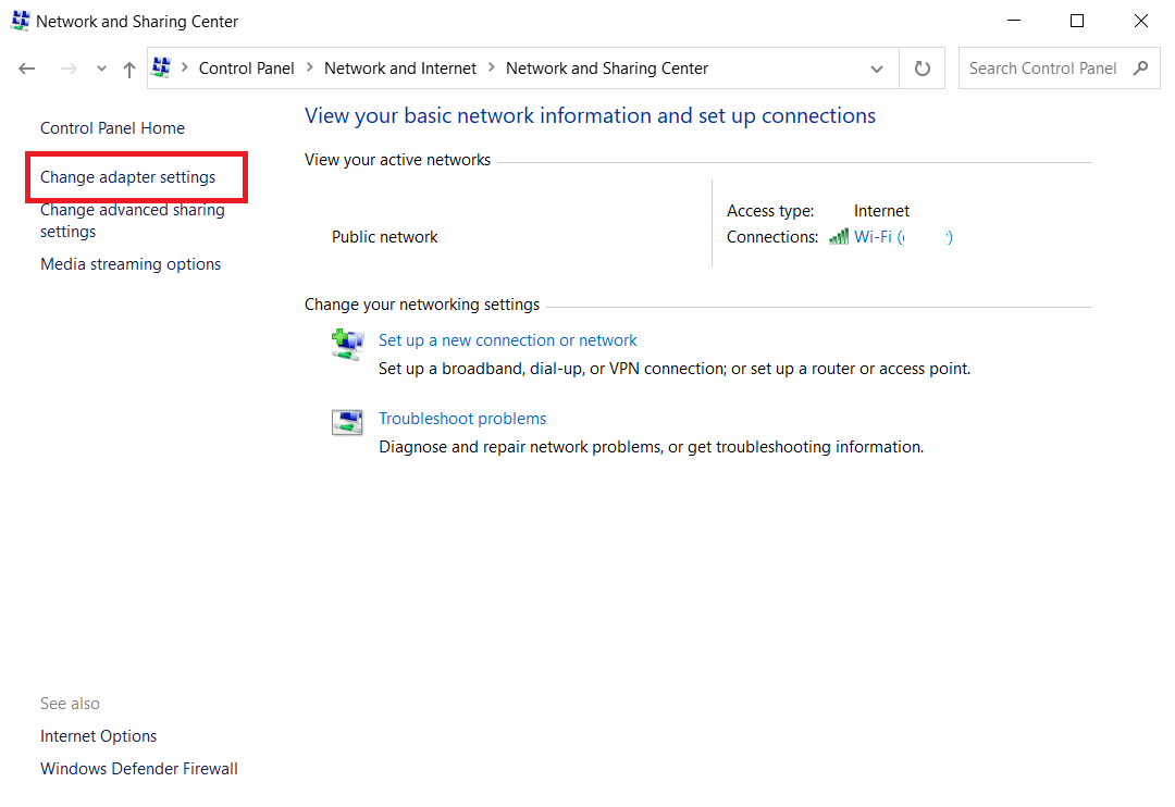 单击左侧的更改适配器设置。 修复 Windows 10 上的 ERR_EMPTY_RESPONSE