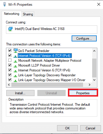 单击 Internet 协议版本 4，然后单击属性。 修复 Windows 更新下载 0x800f0984 2H1 错误