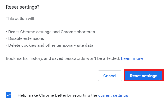 点击重置设置。 修复 Chrome Windows 10 上的 ERR_CONNECTION_RESET