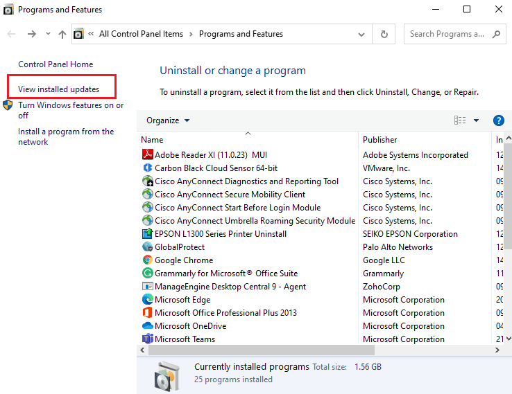 单击左窗格中的查看已安装的更新。 修复 Microsoft Edge 中的错误状态断点