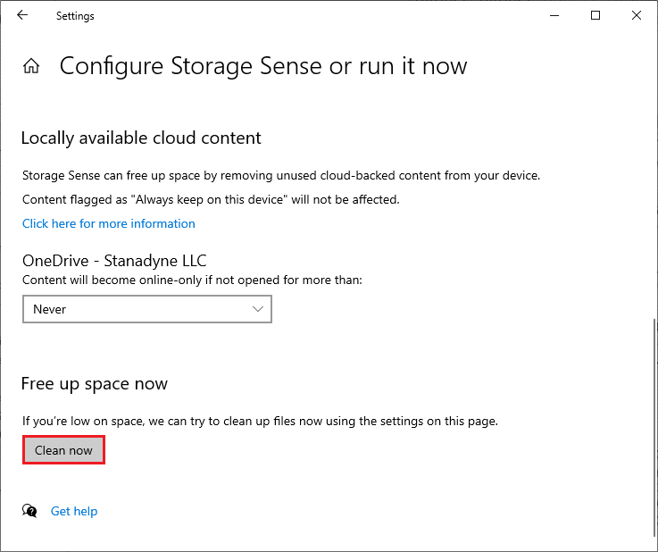 配置 Storage Sense 或立即运行它窗口。 修复 Windows 10 更新 0x8007000d 错误