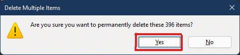 在删除提示中单击“是”确认删除过程 |  如何在 Windows 11 中清除缓存