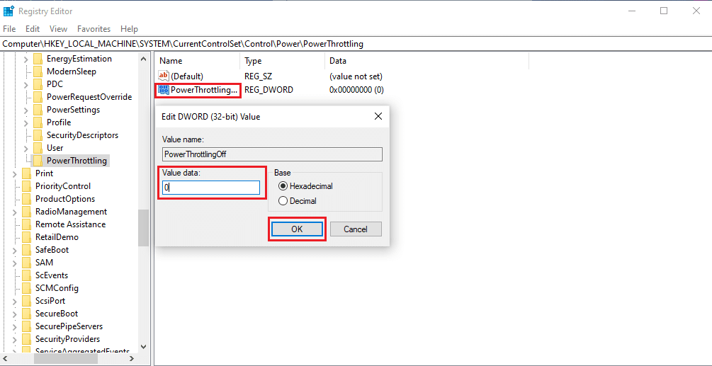 双击 PowerThrottlingoff 字符串。 将值数据设置为从 0 开始的 1，然后单击确定以完成更改