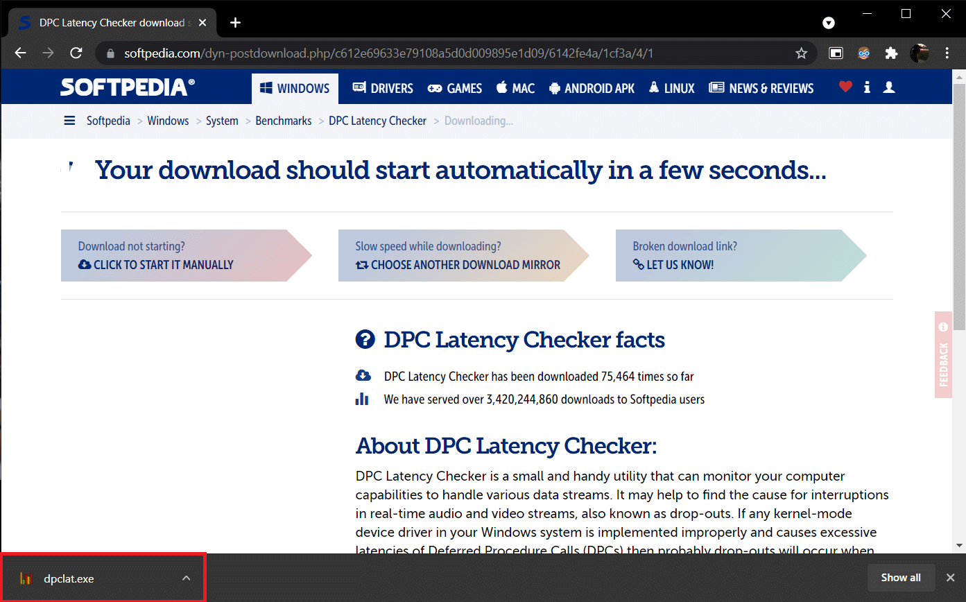 Softpedia 中的 DPC 延迟检查器 1.4.0 下载页面。 exe文件已下载。