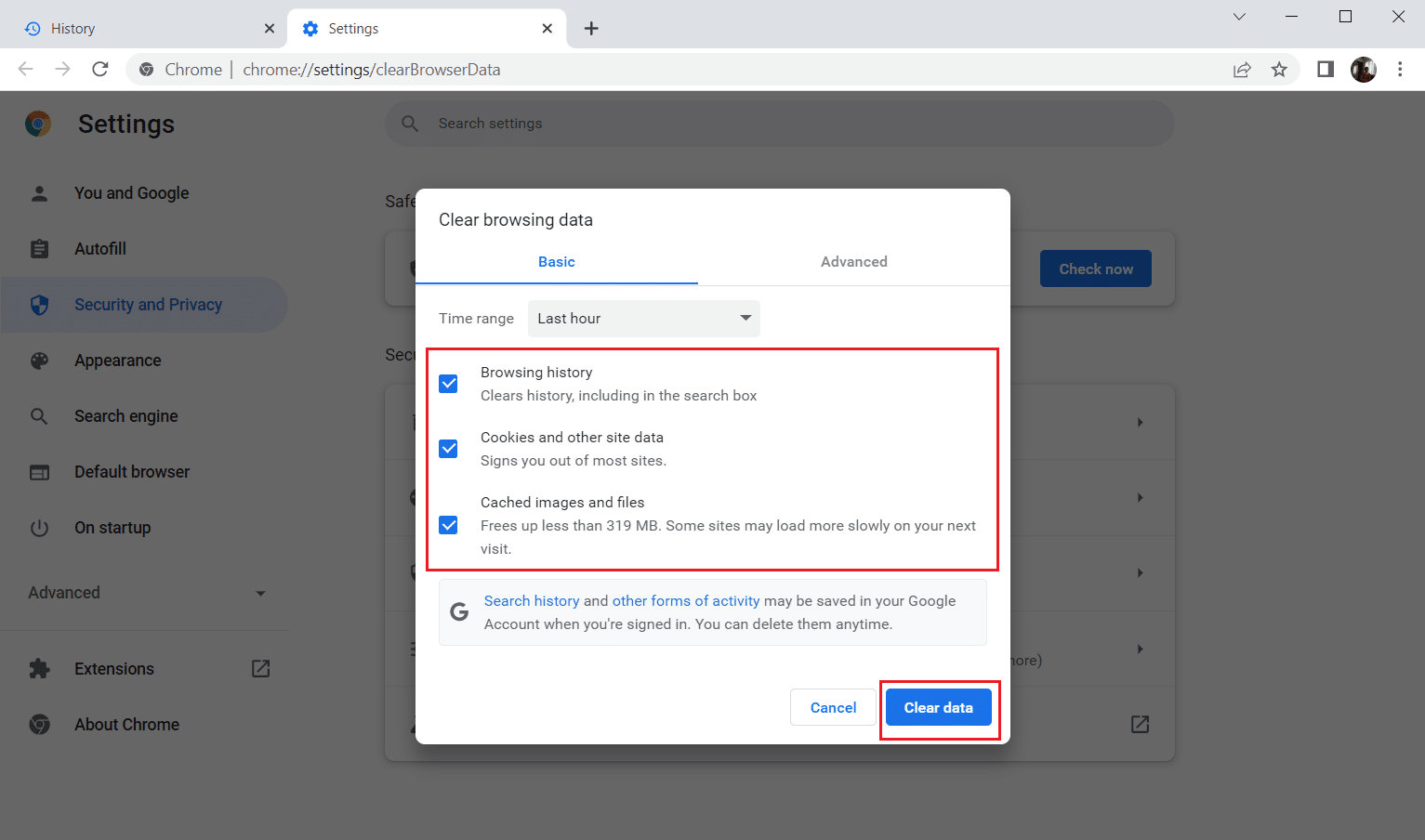 启用所有选项并选择清除数据。 修复 Chrome 插件在 Windows 10 中不起作用