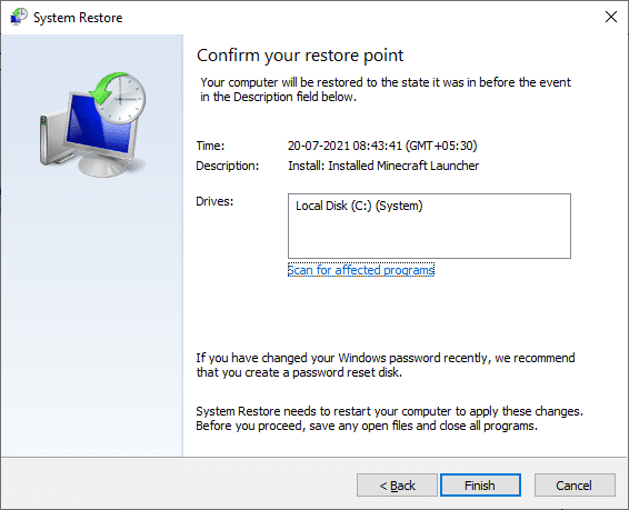 最后，单击“完成”按钮确认还原点。 C: windows system32 config systemprofile 桌面不可用服务器