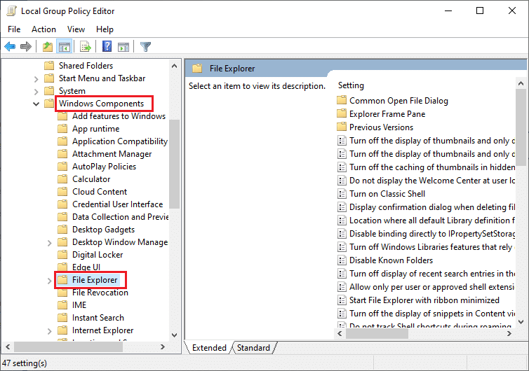 转到用户配置然后管理模板并打开 Windows 组件然后在本地组策略编辑器中的文件资源管理器文件夹