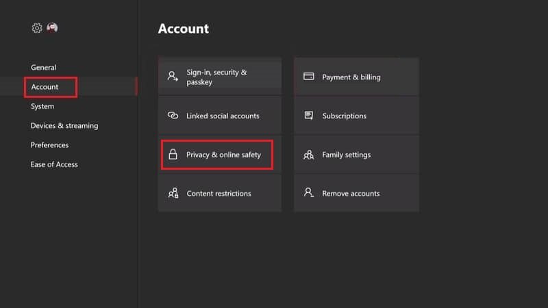 转到帐户并在 Xbox One 中选择隐私和在线安全