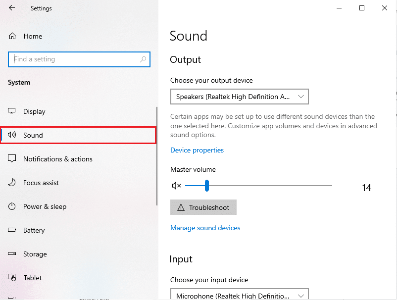 转到左侧窗格上的声音选项卡。 如何在 Windows 10 上修复麦克风太安静