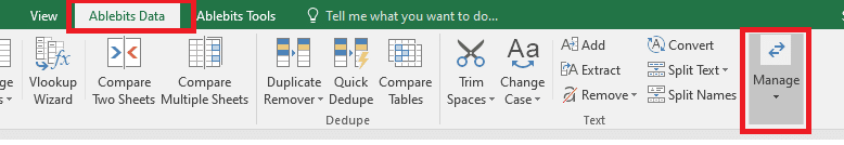 转到“Ablebits 数据”选项卡，然后单击“管理”。 |  在 Excel 中交换列或行
