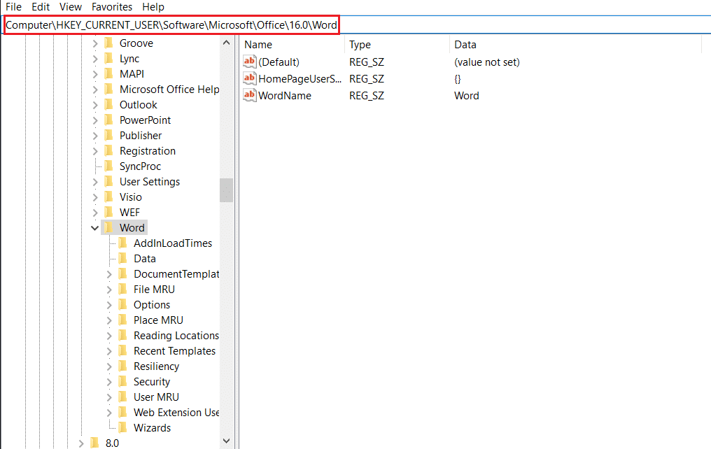 转到注册表编辑器中的 HKEY CURRENT USER Word 密钥文件夹