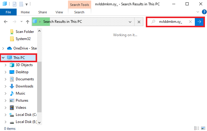 在这里，导航到此 PC 并在搜索此 PC 字段中搜索 nvlddmkm.sy