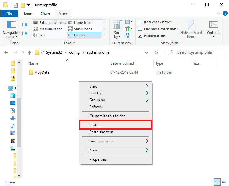 在这里，右键单击空白屏幕并选择粘贴。 C: windows system32 config systemprofile 桌面不可用服务器