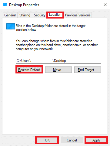 在这里，切换到位置选项卡，然后单击恢复默认值。 C: windows system32 config systemprofile 桌面不可用服务器