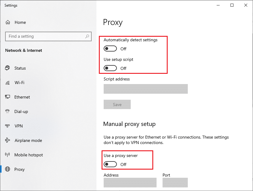 在这里，关闭代理。 修复 Windows 10 更新商店错误 0x80D05001