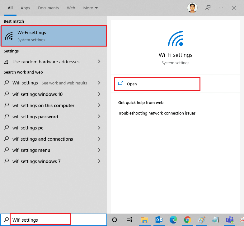 点击 Windows 键并输入 WiFi 设置。 然后，单击打开。 修复 Windows 10 中未显示 WiFi 选项