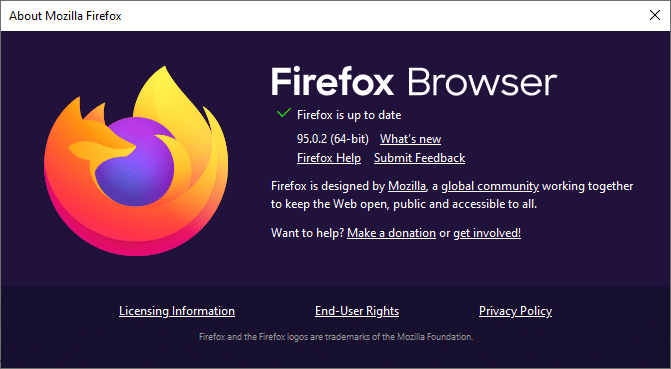 如果浏览器更新到最新版本，它将显示消息 Firefox 是最新的